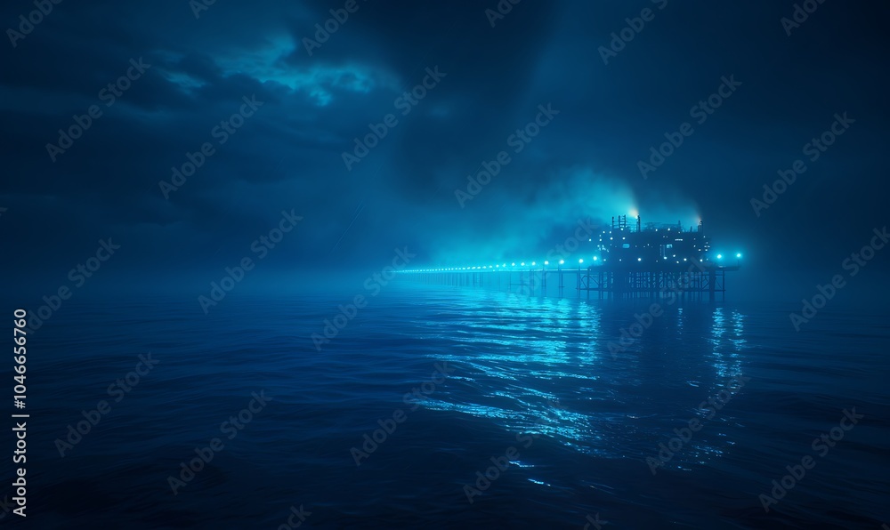 Poster offshore fuel processing platform extracting fossil fuel with robotic drones and glowing pipelines