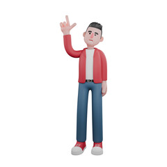 3D Music Star Cartoon. A male singer is standing with his right hand showing a finger gun symbol pointing upwards. Vocal Artist Design