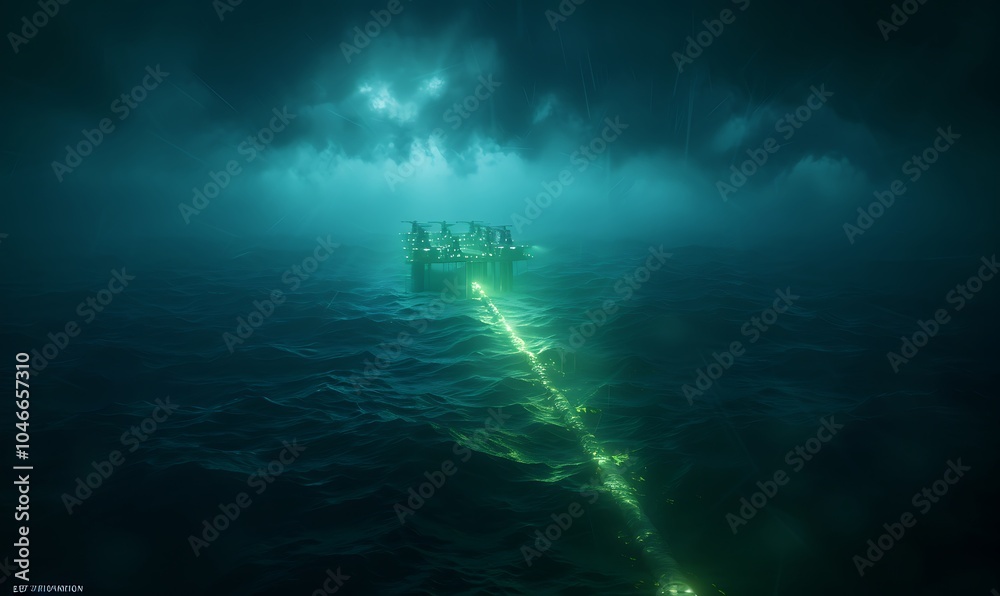 Poster offshore fuel processing platform extracting fossil fuel with robotic drones and glowing pipelines