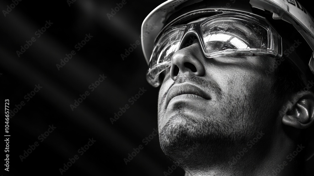 Poster a construction worker in safety glasses and a hard hat observes the surroundings with a focused expr