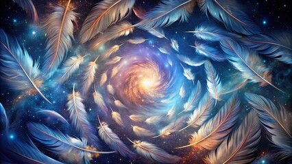 Fototapeta premium Surreal abstract image of rotating feathers bursting into starlight, hyperdetailed panoramic view