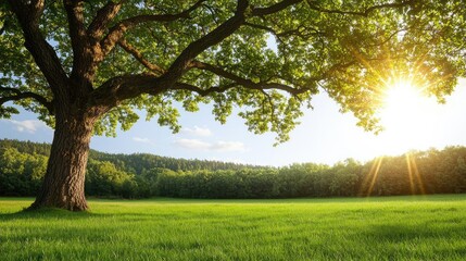 Obraz premium Sunlight filtering through a green tree in an open field.