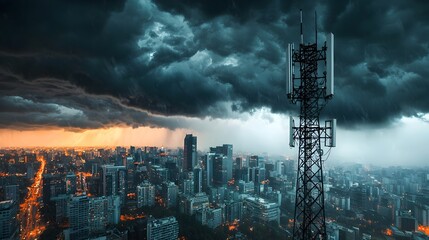 Fototapeta premium Telecommunications mast stands tall and proud piercing the sky amidst the majestic city skyline as storm clouds loom ominously overhead creating a dramatic and scene