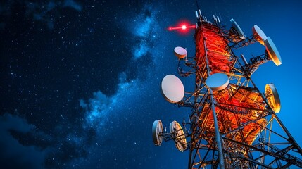 Naklejka premium Telecommunications tower with blinking red aircraft warning lights standing tall in a nighttime urban cityscape