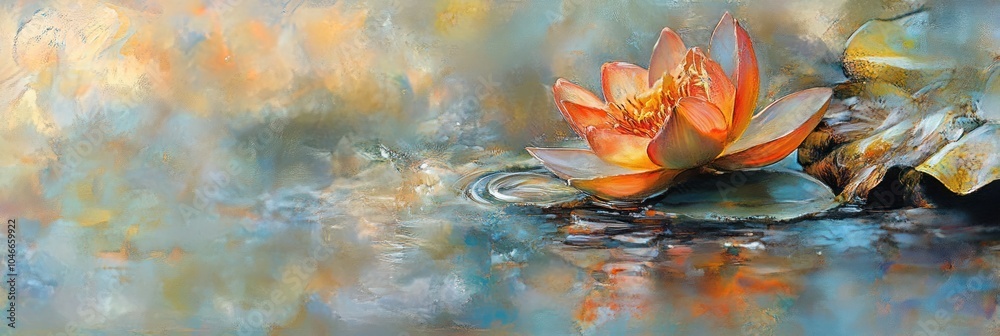 Wall mural single orange water lily on a pond, painted in a hazy, soft style with abstract water background.