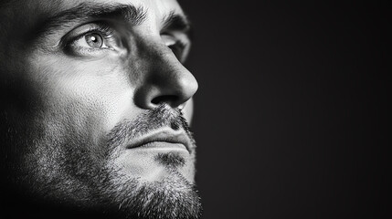 Obraz premium A thoughtful man gazing upward, capturing a moment of reflection in a striking black and white portrait, showcasing emotional depth and contemplation.