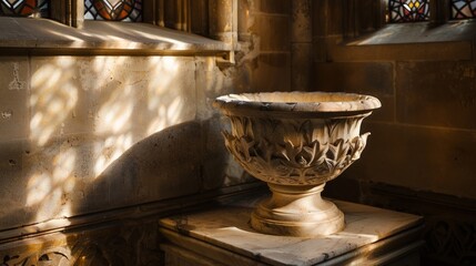 Baptismal Font in Morning Light, A serene church scene featuring a softly illuminated baptismal font and an urn, creating tranquil shadows in a sacred space.