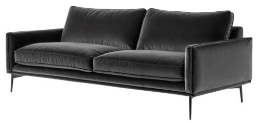 Modern Black Leather Sofa with Minimalist Design and Metal Legs on Transparent Background for Contemporary Living Room, Furniture, and Interior Decor Concepts