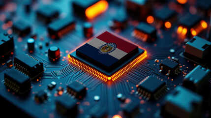 Obraz premium A microprocessor with the Missouri flag is embedded on a circuit board, highlighted by glowing lights, showcasing influence in global semiconductor and computing technology.