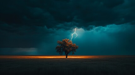 Lightning Striking a Lone Tree in an Open Field