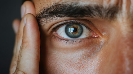 Close-up of a man's eye showcasing detailed iris patterns, expression of curiosity and thoughtfulness with a subtle hand gesture.