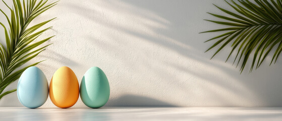 Obraz premium Brightly colored Easter eggs in pastel shades of blue, orange, and green are arranged against textured wall, complemented by soft shadows and tropical palm leaves, creating serene atmosphere
