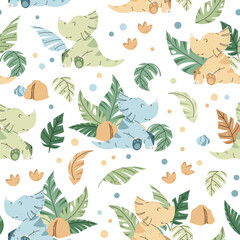 Obraz premium Seamless pattern with cute dinosaurs in flat style. Endless background with baby dinosaur, tropical plants and footprints. Kiddie background for fabric, wallpaper, wrapping paper, scrapbooking, etc.