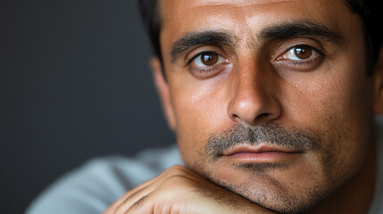 Obraz premium Close-up portrait of a thoughtful man with deep eyes, showcasing an emotional expression, set against a blurred background.