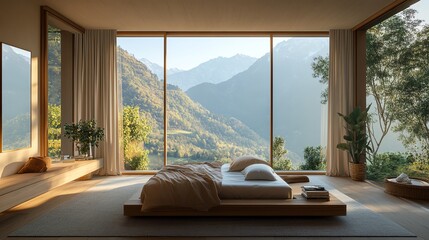 Modern bedroom with mountain view, serene atmosphere.