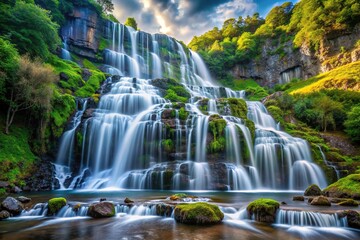 Fototapeta premium surreal cascading waterfall amidst mountainous scenery