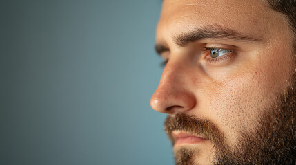 Fototapeta premium Side profile of a thoughtful man with a beard, exhibiting expressions of contemplation against a soft, blurred background.