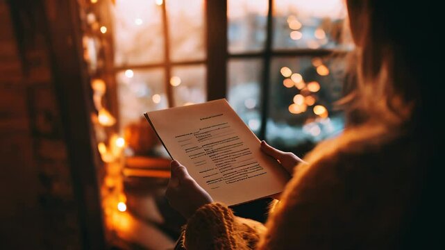 Reading a cozy book by a window with holiday lights at sunset in a warm, inviting indoor setting