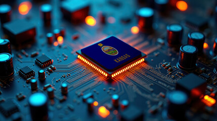 A Kansas flagged microchip is centered on a circuit board, surrounded by illuminated components, symbolizing role in semiconductor innovation and technology leadership.