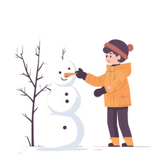 A boy building a snowman in the yard