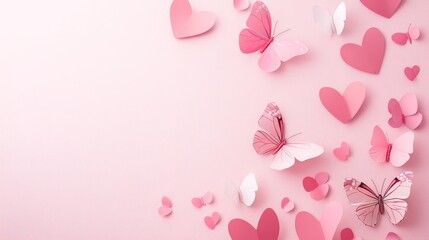 Photo of, Pink background with overlapping hearts and butterflies for design, banner template