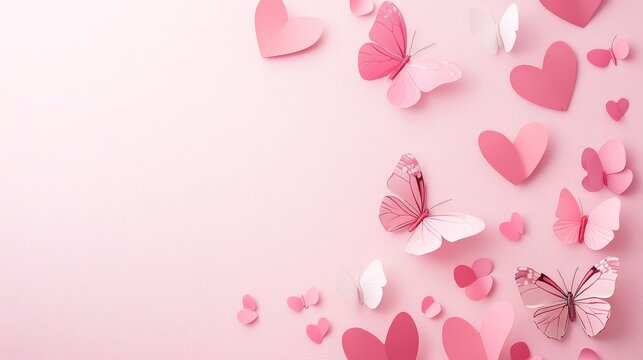 Photo of, Pink background with overlapping hearts and butterflies for design, banner template