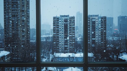 Snowy Urban Vista, a tranquil cityscape viewed from a cozy apartment window, the bustling streets gently blanketed in fresh snow, creating a serene winter atmosphere.