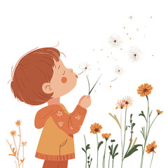 A child blowing dandelions and watching the seeds fly
