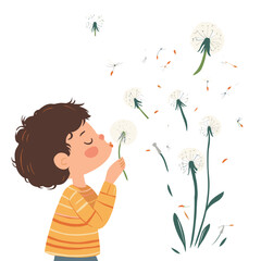 A child blowing dandelions and watching the seeds fly