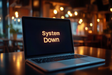 A laptop screen displaying the text "System down" in a realistic manner. Digital art concept.
