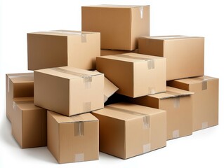 A stack of cardboard boxes arranged in a disorganized manner in a bright indoor setting during daytime