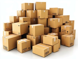 A large stack of assorted cardboard boxes arranged in a storage area, ready for shipping or organization in a warehouse setting