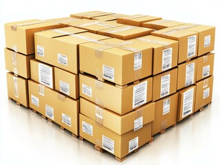 Multiple stacked cardboard boxes on a wooden pallet arranged neatly in a warehouse ready for shipping