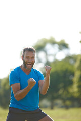 Portrait, outdoor and man with fitness, cheering and victory with achievement, challenge and exercise. Face, person and athlete in park, training and health goals with happiness, joyful and energy