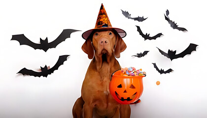 dog dressed witch halloween vizsla sits white background bats holding candy bucket teeth