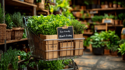 Shopping cart filled with assorted green plants stands in a rustic store setting. Concept of sustainable shopping and eco-friendly practices. For online promotions related to eco-friendly sales