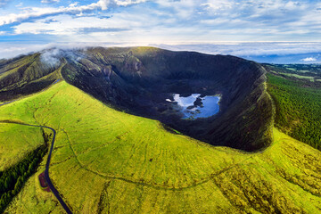 Aerial view of peak Caldeira do Faial at Faial island at sunrise, Azores, Portugal
