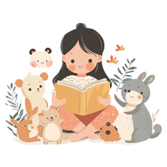 A girl reading a storybook aloud to her stuffed animals
