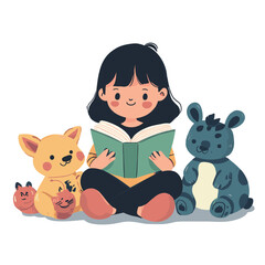 A girl reading a storybook aloud to her stuffed animals