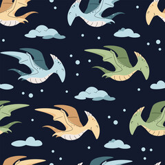 Seamless pattern with cute dinosaurs in flat style. Endless texture with flying pterodactyl with clouds. Childish background for fabric, wallpaper, wrapping paper, scrapbooking, etc © Siawi_art