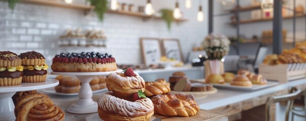 Bright and airy bakery with pastries and cakes, 4K hyperrealistic photo