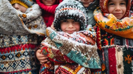 Cozy Winter Gathering of Children, a close-up scene featuring a diverse group of kids wrapped in colorful patchwork sweaters, with delicate snowflakes adorning the fabric