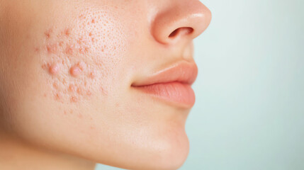 Obraz premium Side profile of a young woman with acne on her cheek, showcasing skin texture and imperfections against a soft pastel background.
