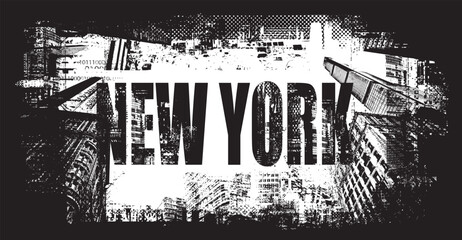 vector inskription in grunge urban street art style on background geometric shapes from elements of big city architecture and cityscape with New York skyscrapers viewed. suitable for logo, t-shirt