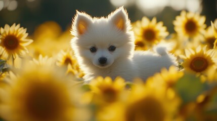 Obraz premium Puppy in Sunflowers.