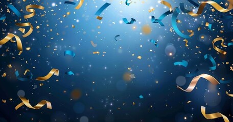 Falling confetti on blue background, abstract background with dark blue and gold particle. Golden light shine particles Bokeh on navy blue background, celebration concept
