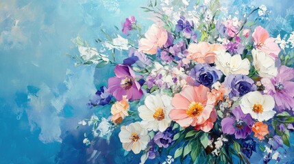 A colorful bouquet of pink, purple, and white flowers stands against a blue background, creating a vibrant and cheerful floral display.