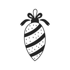 Christmas Bauble with Tied Bow Doodle Icon. Hand drawn striped Xmas decoration hanging on string loop with ribbon. Outline vector illustration