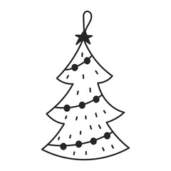 Christmas Tree Bauble Doodle Icon. Xmas decoration design element with star and garland. Festive ornament for holiday decor. Vector illustration