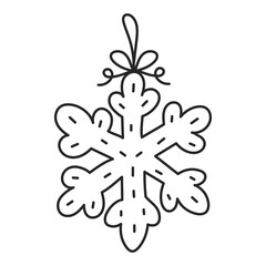 Snowflake Christmas Bauble Doodle Icon. Hand drawn snow and winter symbol hanging on thread loop. Holiday seasonal decoration. Outline vector illustration